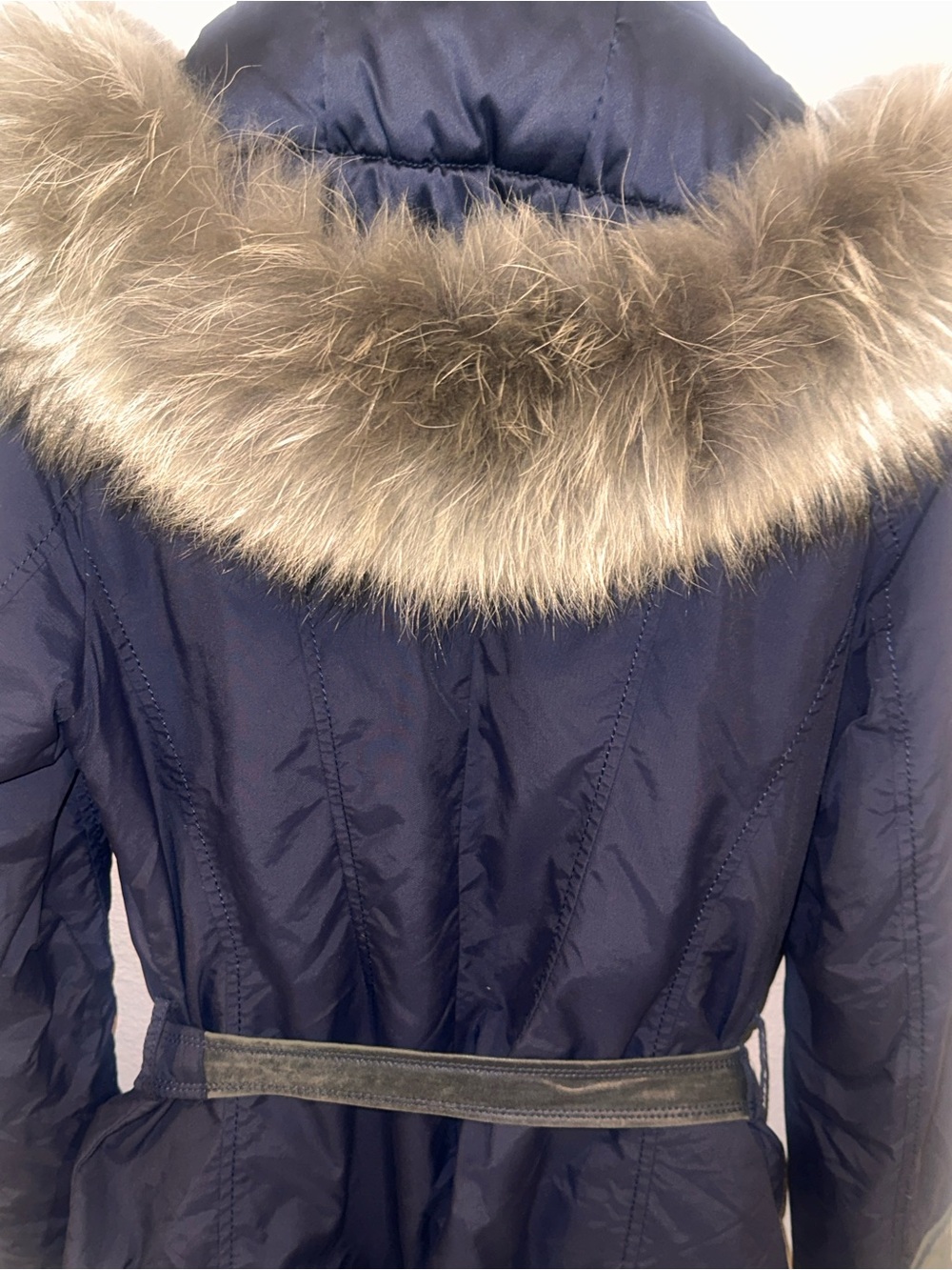 Intuition Paris Raccoon Hooded Coat with Leather Trim in Navy - Picture 3 of 10